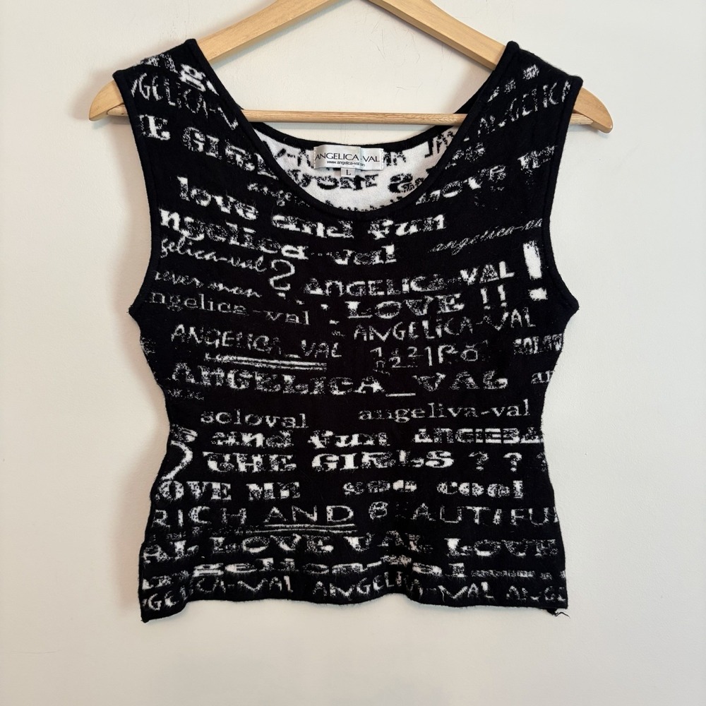 Angelica-Val L Knit Tank Top Black White Graffiti Artsy City Goth Cropped Fitted